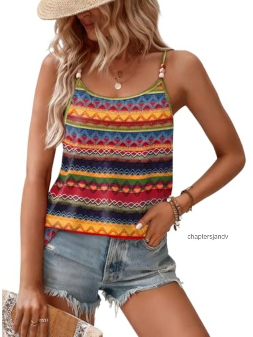 Womens Beaded Spaghetti Strap Cami Flowy Scoop Neck Sleeveless Tank Top Summer
